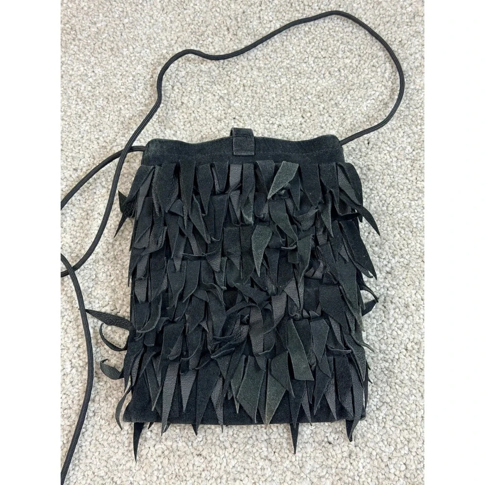 Kathryn Laibson Black Suede Fringed Crossbody Bag‎ Boho Festival Button Closure